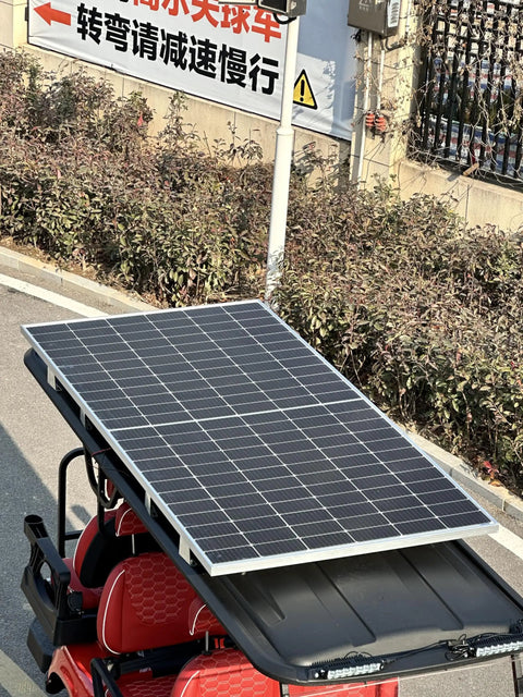 Premium 4 Plus 2 Seater Electric Golf Cart Featuring 48V Lithium Battery And Integrated Solar Panel on red cart.