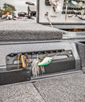Magnetic Fishing Lure And Tool Organizer With Patented Design on boat, showcasing heavy duty neodymium magnets for secure lure changes.