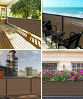 Collage of 6 Foot By 50 Foot Privacy Fence Screen 180 GSM Heavy Duty Shade Net with various outdoor settings for patios and gardens
