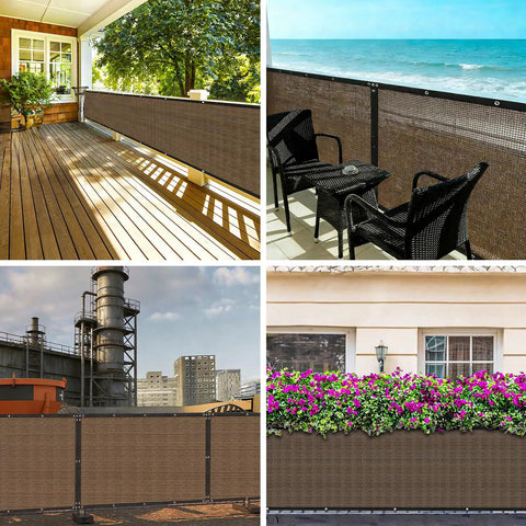 Collage of 6 Foot By 50 Foot Privacy Fence Screen 180 GSM Heavy Duty Shade Net with various outdoor settings for patios and gardens