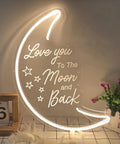 Moon Neon Light Sign With Love You To The Moon And Back 3D Art, warm white glow, USB powered, on table with decor items.