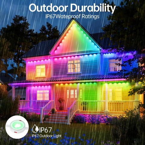Colorful outdoor LED lights displayed on a house showcasing waterproof durability under rain, highlighting vibrant illumination.