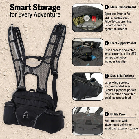 Mountain Bike Hydration Pack With 3L Bladder And 10L Storage For Trail Rides, lumbar design, charcoal color, multiple pockets
