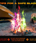 Color Changing Fire Packets For Campfire And Fire Pit 10 Pack Rainbow Flames For Outdoor Fireplaces And Bonfires Perfect Camping Essential For Kids And Adults Easy To Use Fire Color Show For Your Backyard Night creating colorful flames in campfire with safety instructions