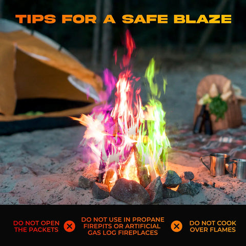 Color Changing Fire Packets For Campfire And Fire Pit 10 Pack Rainbow Flames For Outdoor Fireplaces And Bonfires Perfect Camping Essential For Kids And Adults Easy To Use Fire Color Show For Your Backyard Night creating colorful flames in campfire with safety instructions