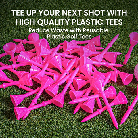 Bulk Pink Golf Tees Set With Gift Box, Unbreakable Plastic Tees on grass surface, showing anti-slip big cup design, 25 pack