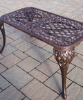 Mississippi Cast Aluminum Outdoor Cocktail Table 35 Inch Long By 18 Inch Wide In Antique Bronze with intricate design