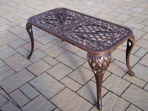 Mississippi Cast Aluminum Outdoor Cocktail Table 35 Inch Long By 18 Inch Wide In Antique Bronze with intricate design