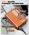 Straight Up Reliable 300W Car Power Inverter DC 12V To 110V AC Converter with 2 USB ports and cigarette lighter socket in a car.