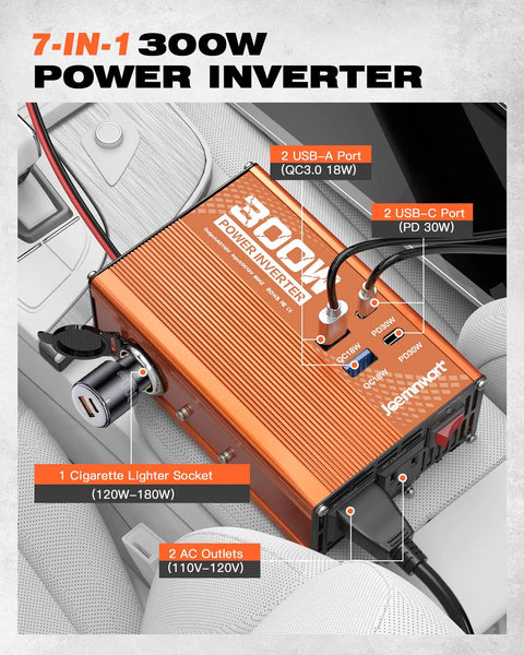 Straight Up Reliable 300W Car Power Inverter DC 12V To 110V AC Converter with 2 USB ports and cigarette lighter socket in a car.