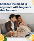 Couple relaxing on couch with Coastal Sunshine Citrus PlugIns Air Freshener Starter Kit, highlighting fresh oceanic citrus vibe.