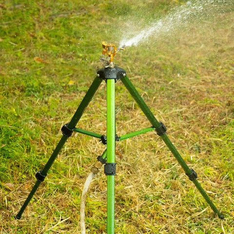 Impact Sprinkler With Tripod Base For Lawn And Garden, Pro Grade 360 Degree Coverage, Heavy Duty Brass Sprinkler Head in use