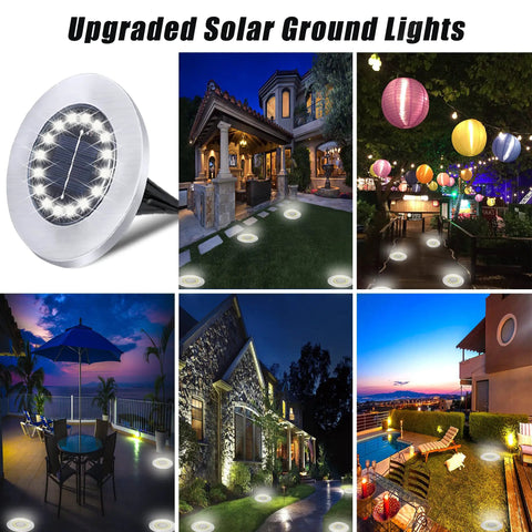 Waterproof Outdoor Solar Ground Lights Disk LEDs 16 Lamp Array illuminating garden path with colorful lanterns at night.