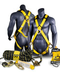 Monsoon Full Body Safety Harness With Four D Rings And Cushioned Shoulder Pads ANSI OSHA Compliant Durable Fall Protection Gear Includes 50ft Vertical Lifeline For Safe Work At Heights displayed with ropes and accessories