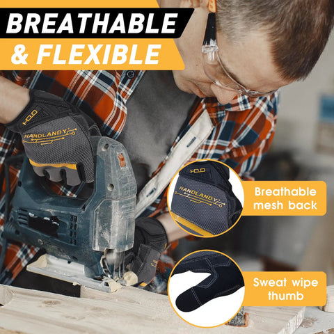 Durable Work Gloves For Men And Women With Touch Screen Ready Fingertips PVC And Synthetic Leather Palm For Superior Abrasion Resistance Flexible Breathable Gardening Gloves For Yard Maintenance Small Size 1 Pair in use with saw