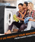 Family enjoying laundry day with 2 Pack Washing Machine Covers For Top Load And Front Load Washers And Dryers, Size 29x28x43 Inches, Black.