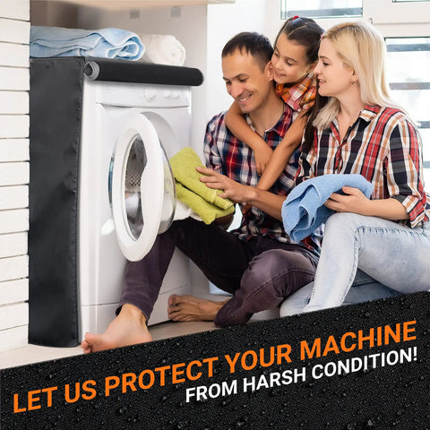 Family enjoying laundry day with 2 Pack Washing Machine Covers For Top Load And Front Load Washers And Dryers, Size 29x28x43 Inches, Black.