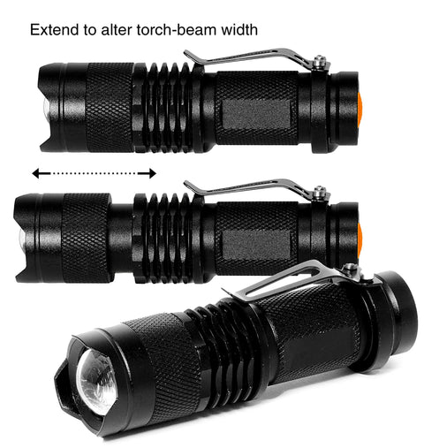 Extendable flashlight from 10 In 1 Emergency Survival Kit With Knife, Blanket, Compass, Fire Starter, Flashlight, Saw, And More Waterproof.