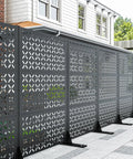 Side view of the 72 Inch Metal Outdoor Privacy Screen Panel Freestanding Decorative Fence For Patio Garden And Yard Trash Can Screen X Black