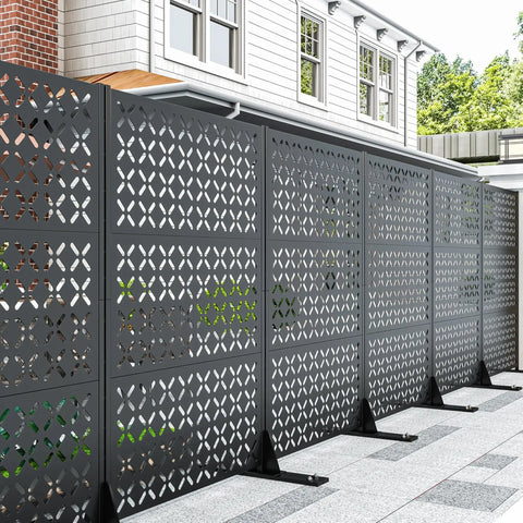Side view of the 72 Inch Metal Outdoor Privacy Screen Panel Freestanding Decorative Fence For Patio Garden And Yard Trash Can Screen X Black