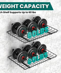 Close-up of Garage Wall Shelves 12 By 24 Inch Heavy Duty Metal Wall Mounted Storage Shelf Set holding 60 lbs of weights.