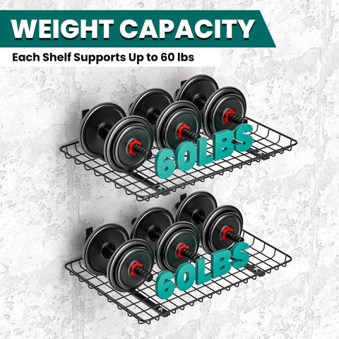 Close-up of Garage Wall Shelves 12 By 24 Inch Heavy Duty Metal Wall Mounted Storage Shelf Set holding 60 lbs of weights.