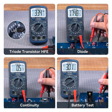 Pro Grade Digital Multimeter For Home And Workshop showing HFE, Diode, Continuity, Battery Test with easy to read measurements