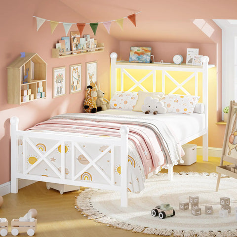 Next Level Twin White Bed Frame With Headboard And Footboard Featuring Built In Rgb Led Lights App Controlled Smart Bedroom Furniture For Ultimate Chill Vibes And Serious Glow Up in a colorful room with toys and decor.