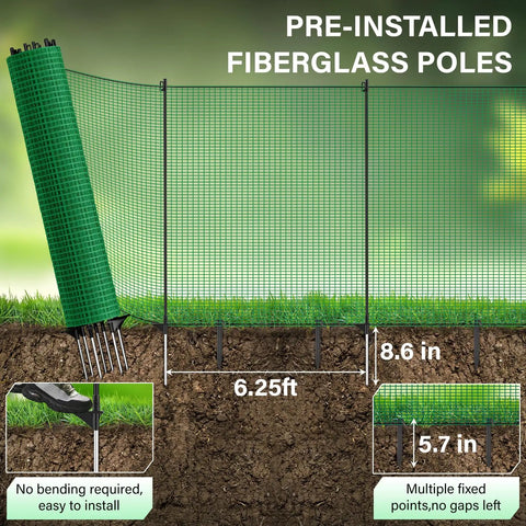 Heavy Duty Portable Animal Fence With Posts For Garden And Backyard 3x50 Ft Mesh Barrier installed with fiberglass poles
