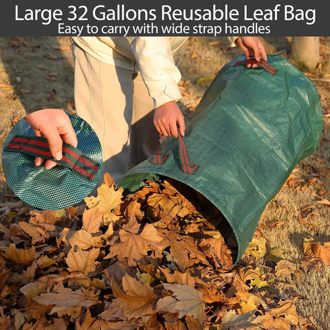 Adjustable Leaf Rake With 32 Gallon Yard Waste Bag And Leaf Scoops, green reusable bag filled with fallen leaves, straps visible