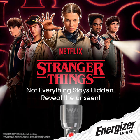 Stranger Things characters with flashlight beam, promoting Stranger Things Squawk Dope Retro LED Flashlight With UV And Bright Modes.