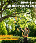 Person trimming tree branches with Beefed Up Four In One Pole Saw And Electric Pruning Shears Kit With A Six Inch Mini Chainsaw.