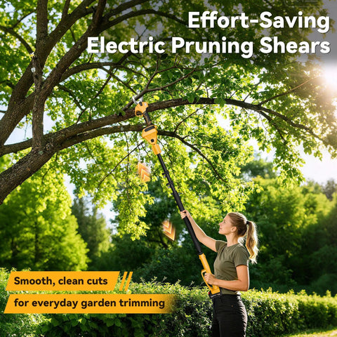 Person trimming tree branches with Beefed Up Four In One Pole Saw And Electric Pruning Shears Kit With A Six Inch Mini Chainsaw.