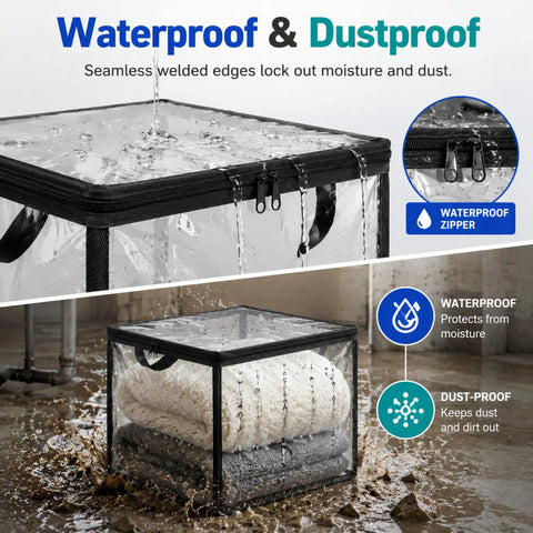 Ultra Clear Storage Bags 2 Pack 17.7 Inches For Shoes And Tools Waterproof PVC Vinyl With Side Handles showing water resistance