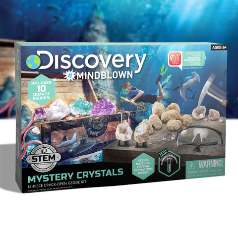 Crack Open Real Quartz Geodes Kit With Goggles, Magnifying Glass, And Display Stands For STEM Geology Learning For Kids Ages 6 And Up Educational Crystal Hunt Activity Set Gift, box front