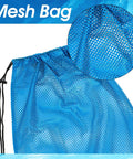 Blue oversized mesh gear bag close-up, part of a set of 2, drawstring net storage for diving, snorkeling fins, swim gear, beach gear.