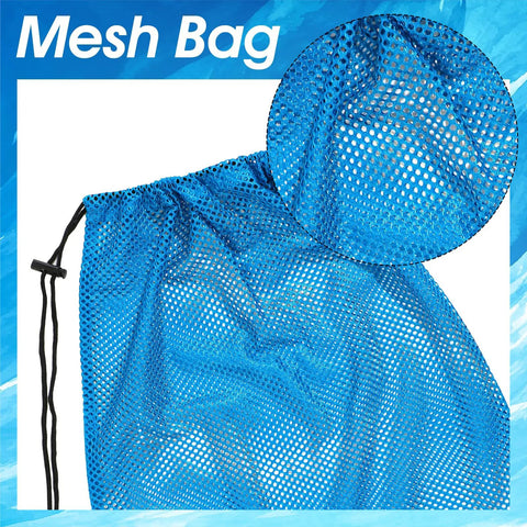 Blue oversized mesh gear bag close-up, part of a set of 2, drawstring net storage for diving, snorkeling fins, swim gear, beach gear.