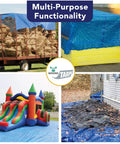 Medium Duty 40 By 40 Foot Water Resistant Tarp With 5 Mil Thickness Reversible Blue And Silver Tough As Nails All Around Multipurpose Indoor Outdoor Cover For Tents Wood Vehicles Boats Pools And Equipment used to cover hay, building materials, inflatable bouncy house, and yard debris in various settings.
