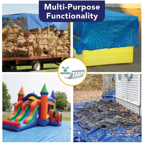 Medium Duty 40 By 40 Foot Water Resistant Tarp With 5 Mil Thickness Reversible Blue And Silver Tough As Nails All Around Multipurpose Indoor Outdoor Cover For Tents Wood Vehicles Boats Pools And Equipment used to cover hay, building materials, inflatable bouncy house, and yard debris in various settings.