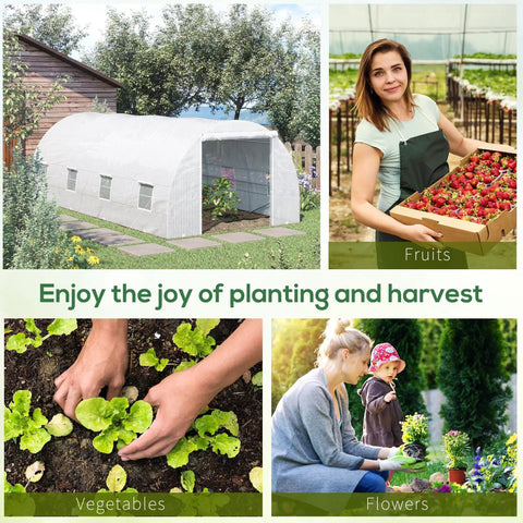 Walk-In 20 Ft Long By 10 Ft Wide By 7 Ft High Greenhouse With Zippered Door And 8 Mesh Windows in garden setting with fruits and flowers