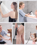High Pressure Dual Shower Head System With Rainfall And Handheld Spray Oil Rubbed Bronze Finish Detachable Hand Shower 60 Inch Stainless Steel Hose Easy Front Switch One Hand Operation Ideal For Families Seniors And Pets, shown in use for bathing, rinsing, and pet washing.