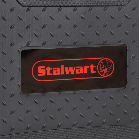 Close-up of the Stalwart logo on a carrying case for 102 Piece Heat Treated Tool Kit With Carrying Case Including Essential Steel Hand Tools And Basic Repair Set For Apartments Dorms And Homeowners On The Go