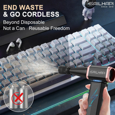 High Speed Cordless Air Duster 300000 RPM Turbo Blower cleaning keyboard with variable speed feature and electric dust blower
