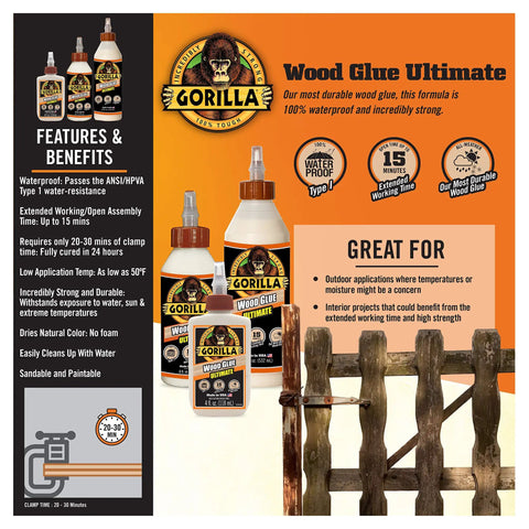 Image featuring Ultimate Waterproof Wood Glue for indoor and outdoor projects in natural wood color, shown with product features and benefits.