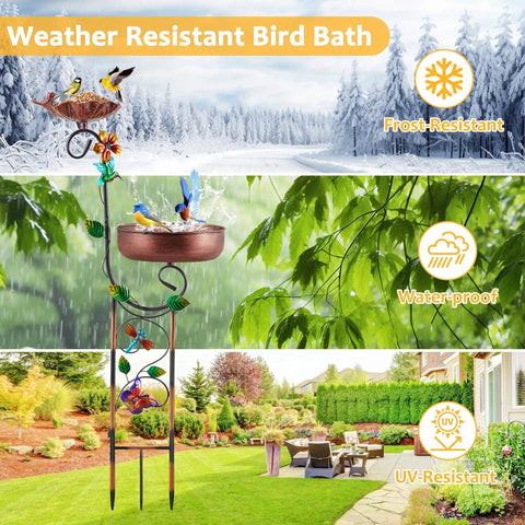 2 In 1 Outdoor Bird Bath And Feeder Stand, Freestanding Copper Metal Bird Bath For Garden, weatherproof design shown in various seasons