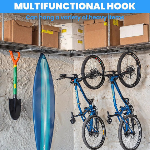 Bikes and equipment hung on 6 Pack Heavy Duty Bike Hooks For Garage Ceiling With Screws Included, 70 Lbs Capacity Per Hook, Sturdy Iron Construction For Overhead Storage, Easy Access Bike Parking And Clutter Free Garages.