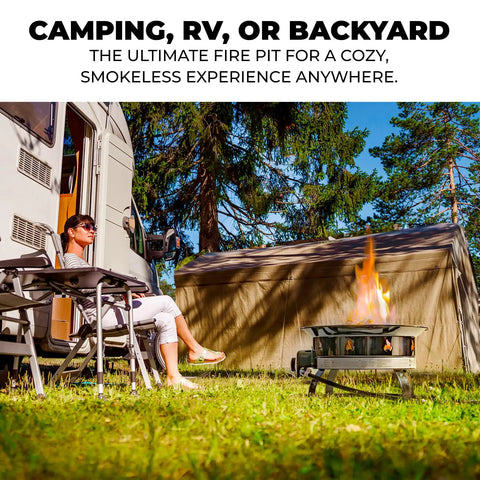 Go-To Portable Propane Fire Pit 19-Inch Smokeless Gas Firebowl with 58,000 BTU beside RV and tent in forested campsite.