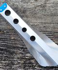 Ultralight Backpacking Trowel 0.48 Oz 13.5 G Blue With Lifetime Warranty Made In USA on wooden background.