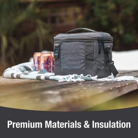 Collapsible Soft Cooler Tote Bag Insulated 6-Can Leakproof Lunch Box With Bottle Opener And Shoulder Strap on blanket outdoors