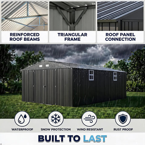 10x20 Foot Metal Garage Shed With Double Hinged Doors And Four Windows, Heavy Duty Carport For Cars Boats Trucks And Equipment